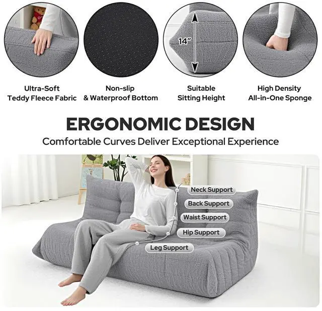 Alt view image 3 of 7 - Bean Bag Chairs Fireside Lazy Floor Sofa, Soft Teddy Fleece 3 Seater Sofa with High-Resilience Foam FillingBeanbag for Living Room, Bedroom, Office (Light Gray Teddy)