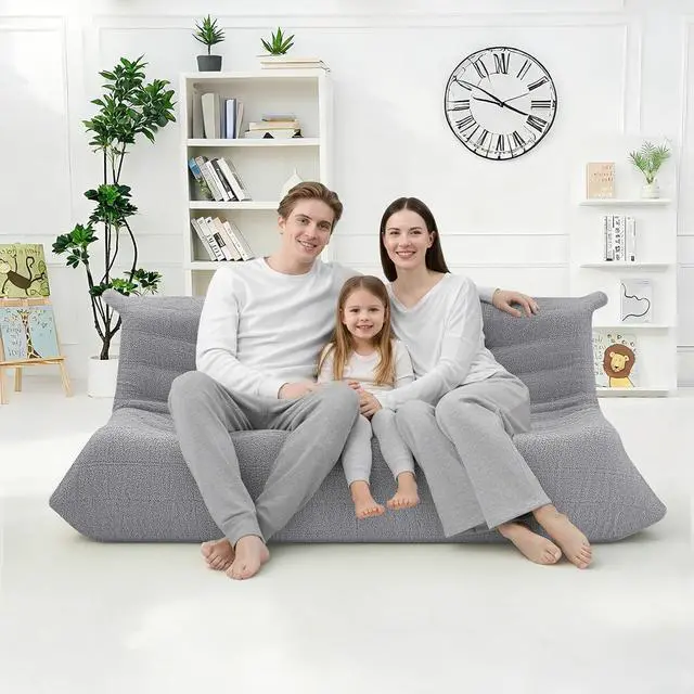 Alt view image 4 of 7 - Bean Bag Chairs Fireside Lazy Floor Sofa, Soft Teddy Fleece 3 Seater Sofa with High-Resilience Foam FillingBeanbag for Living Room, Bedroom, Office (Light Gray Teddy)