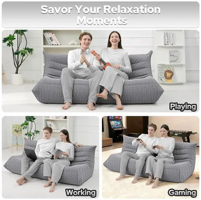 Alt view image 5 of 7 - Bean Bag Chairs Fireside Lazy Floor Sofa, Soft Teddy Fleece 3 Seater Sofa with High-Resilience Foam FillingBeanbag for Living Room, Bedroom, Office (Light Gray Teddy)