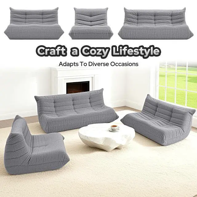 Alt view image 6 of 7 - Bean Bag Chairs Fireside Lazy Floor Sofa, Soft Teddy Fleece 3 Seater Sofa with High-Resilience Foam FillingBeanbag for Living Room, Bedroom, Office (Light Gray Teddy)