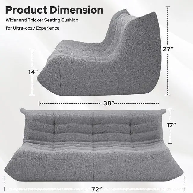 Alt view image 2 of 7 - Bean Bag Chairs Fireside Lazy Floor Sofa, Soft Teddy Fleece 3 Seater Sofa with High-Resilience Foam FillingBeanbag for Living Room, Bedroom, Office (Light Gray Teddy)