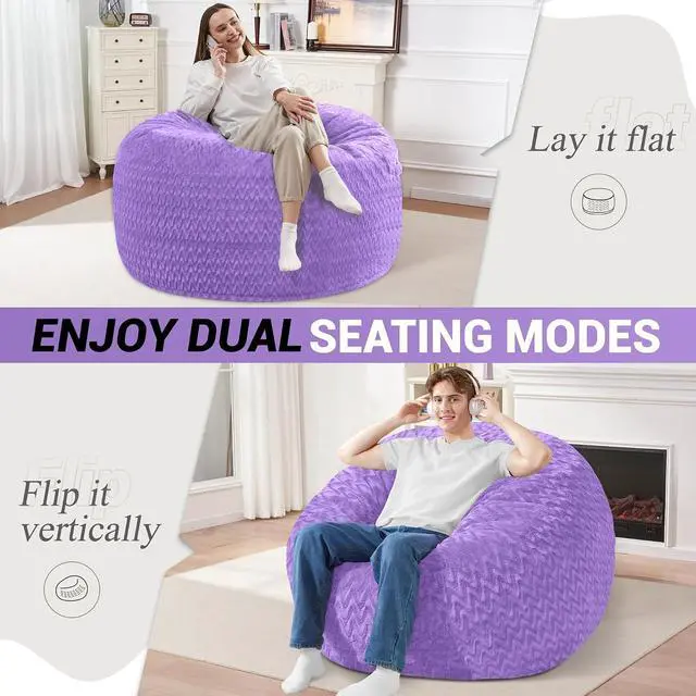 Alt view image 2 of 7 - 3FT Bean Bag Chair,Giant Bean Bag Chairs for Adults,Big Bean Bags with Memory Foam Filled, Large Beanbag Chairs with Chevron Plush Cover-Purple