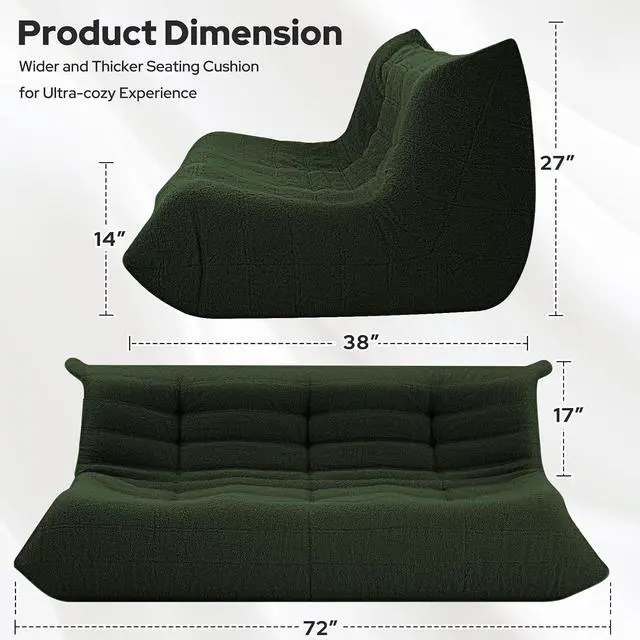 Alt view image 2 of 7 - Bean Bag Chairs Fireside Lazy Floor Sofa, Soft Teddy Fleece 3 Seater Sofa with High-Resilience Foam FillingBeanbag for Living Room, Bedroom, Office (Green Teddy)
