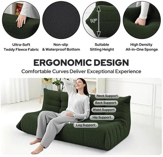 Alt view image 3 of 7 - Bean Bag Chairs Fireside Lazy Floor Sofa, Soft Teddy Fleece 3 Seater Sofa with High-Resilience Foam FillingBeanbag for Living Room, Bedroom, Office (Green Teddy)