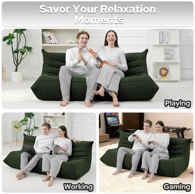 Alt view image 5 of 7 - Bean Bag Chairs Fireside Lazy Floor Sofa, Soft Teddy Fleece 3 Seater Sofa with High-Resilience Foam FillingBeanbag for Living Room, Bedroom, Office (Green Teddy)