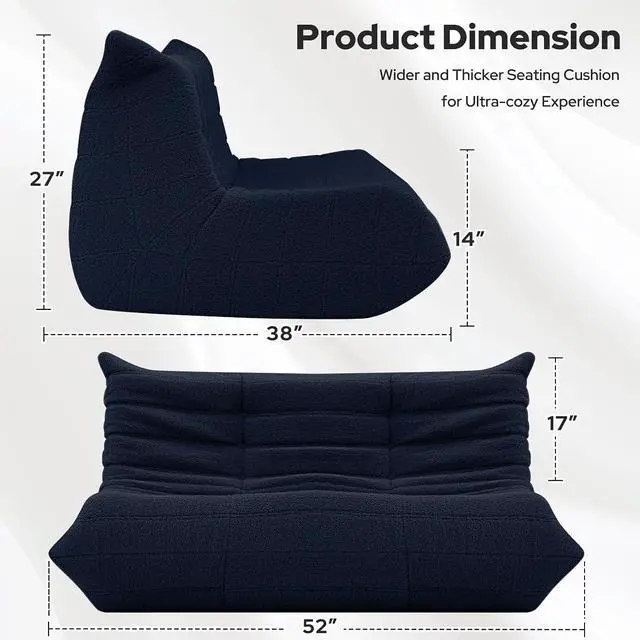 Alt view image 2 of 7 - Bean Bag Chairs Fireside Lazy Floor Sofa, Soft Teddy Fleece 2 Seater Sofa with High-Resilience Foam FillingBeanbag for Living Room, Bedroom, Office (Navy Blue Teddy)