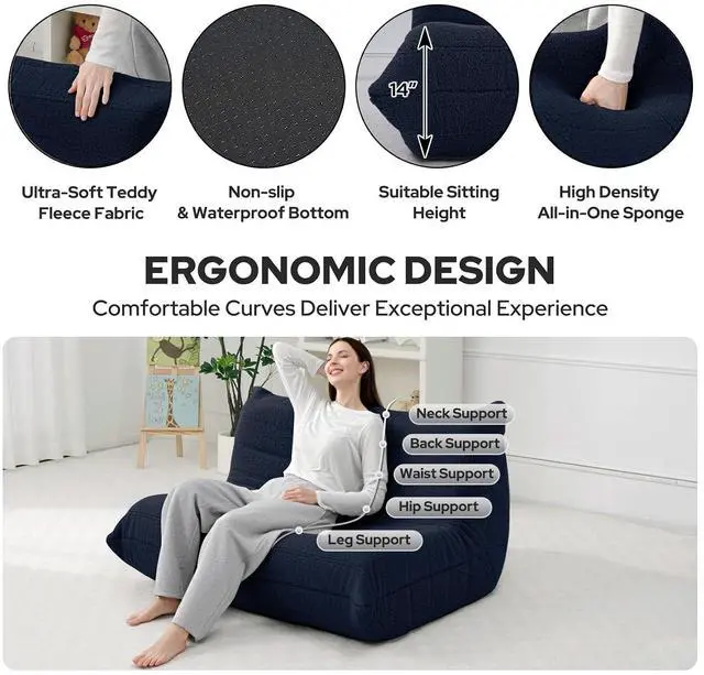 Alt view image 3 of 7 - Bean Bag Chairs Fireside Lazy Floor Sofa, Soft Teddy Fleece 2 Seater Sofa with High-Resilience Foam FillingBeanbag for Living Room, Bedroom, Office (Navy Blue Teddy)