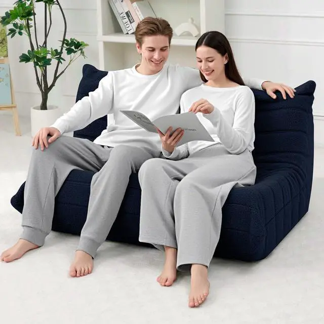 Alt view image 4 of 7 - Bean Bag Chairs Fireside Lazy Floor Sofa, Soft Teddy Fleece 2 Seater Sofa with High-Resilience Foam FillingBeanbag for Living Room, Bedroom, Office (Navy Blue Teddy)