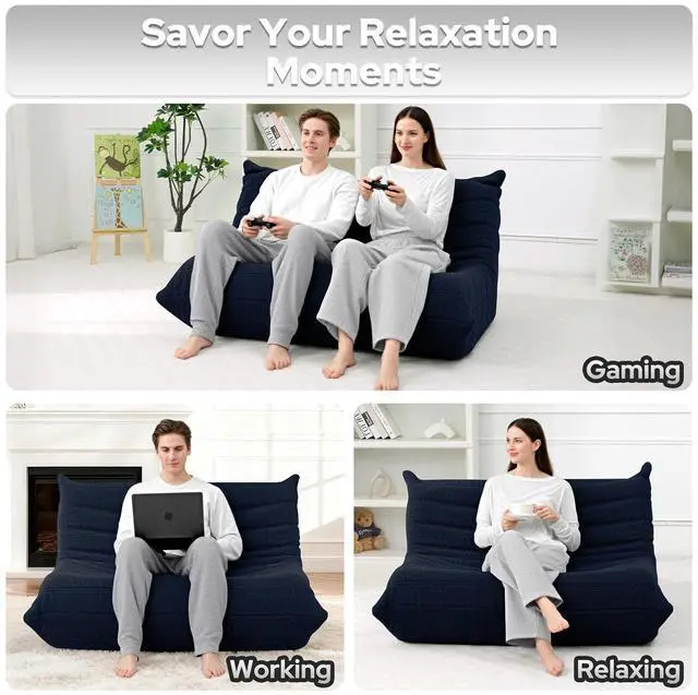 Alt view image 5 of 7 - Bean Bag Chairs Fireside Lazy Floor Sofa, Soft Teddy Fleece 2 Seater Sofa with High-Resilience Foam FillingBeanbag for Living Room, Bedroom, Office (Navy Blue Teddy)