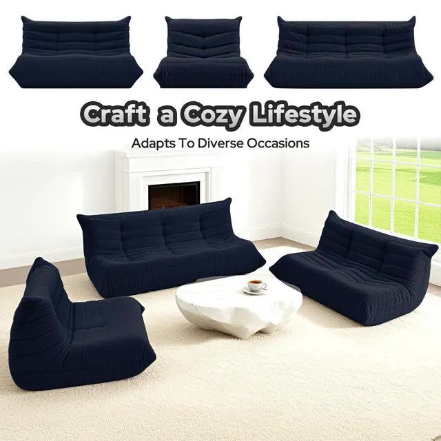 Alt view image 6 of 7 - Bean Bag Chairs Fireside Lazy Floor Sofa, Soft Teddy Fleece 3 Seater Sofa with High-Resilience Foam FillingBeanbag for Living Room, Bedroom, Office (Navy Blue Teddy)