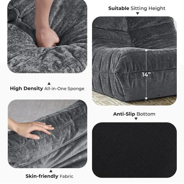 Alt view image 3 of 7 - Bean Bag Chair, Giant Bean Bag Chairs for Adults, Loveseat Fireside Chair, 2 Seater Lazy Bean Bag Sofa Memory Foam Couch for Living Room, Bedroom, Office (Grey)