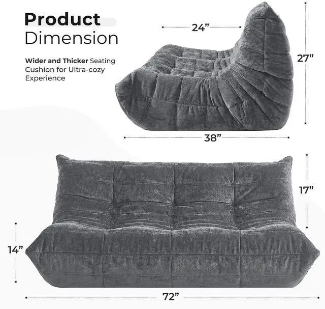 Alt view image 2 of 7 - Bean Bag Chair, Giant Bean Bag Chairs for Adults, 3 Seater Fireside Chair, Lazy Large Floor Bean Bag Sofa for Living Room, Bedroom, Dorm, Office (Grey)