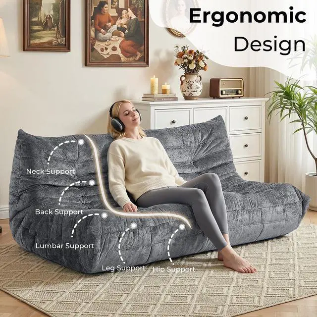 Alt view image 4 of 7 - Bean Bag Chair, Giant Bean Bag Chairs for Adults, 3 Seater Fireside Chair, Lazy Large Floor Bean Bag Sofa for Living Room, Bedroom, Dorm, Office (Grey)