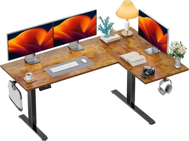 Main image of Dual Motor 71x48 inch L Shaped Electric Standing Desk with 3 Preset Heights, Electric Height Adjustable Computer Table, 2 Hooks & Cable Tray, Raising Desk for Home Office, Vintage Brown