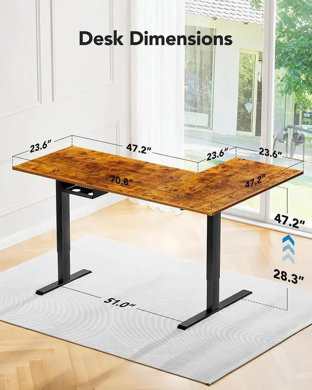 Alt view image 3 of 7 - Dual Motor 71x48 inch L Shaped Electric Standing Desk with 3 Preset Heights, Electric Height Adjustable Computer Table, 2 Hooks & Cable Tray, Raising Desk for Home Office, Vintage Brown