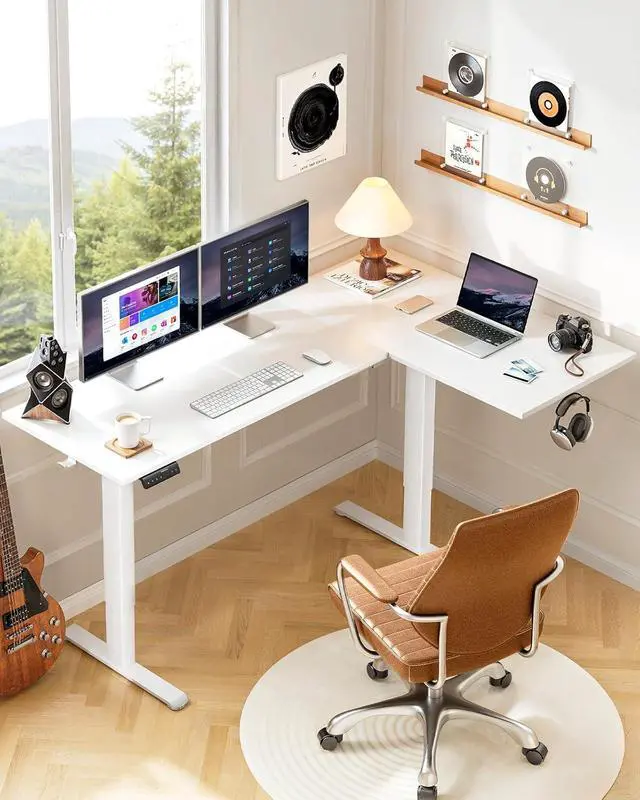 Alt view image 2 of 7 - Dual Motor 71x48 inch L Shaped Electric Standing Desk with 3 Preset Heights, Electric Height Adjustable Computer Table, 2 Hooks & Cable Tray, Raising Desk for Home Office, White