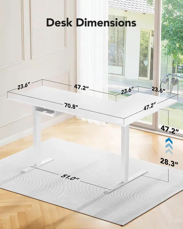 Alt view image 3 of 7 - Dual Motor 71x48 inch L Shaped Electric Standing Desk with 3 Preset Heights, Electric Height Adjustable Computer Table, 2 Hooks & Cable Tray, Raising Desk for Home Office, White