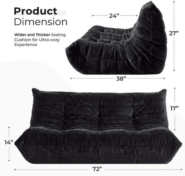 Alt view image 2 of 7 - Bean Bag Chair, Giant Bean Bag Chairs for Adults, 3 Seater Fireside Chair, Lazy Large Floor Bean Bag Sofa for Living Room, Bedroom, Dorm, Office (Black)