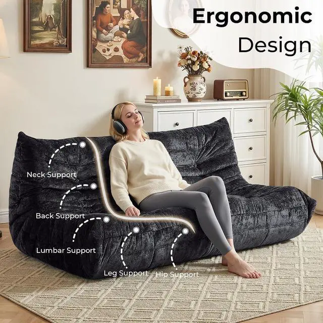 Alt view image 4 of 7 - Bean Bag Chair, Giant Bean Bag Chairs for Adults, 3 Seater Fireside Chair, Lazy Large Floor Bean Bag Sofa for Living Room, Bedroom, Dorm, Office (Black)