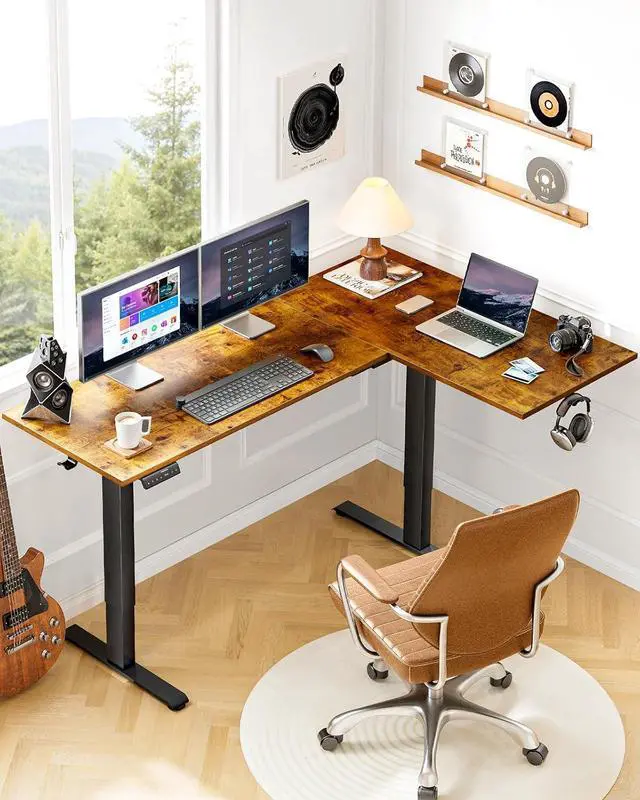 Alt view image 2 of 7 - Dual Motor 71x48 inch L Shaped Electric Standing Desk with 3 Preset Heights, Electric Height Adjustable Computer Table, 2 Hooks & Cable Tray, Raising Desk for Home Office, Vintage Brown