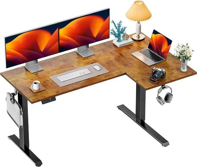 Main image of Dual Motor 63x40 inch L Shaped Electric Standing Desk with 3 Preset Heights, Electric Height Adjustable Computer Table, 2 Hooks & Cable Tray, Raising Desk for Home Office, Vintage Brown