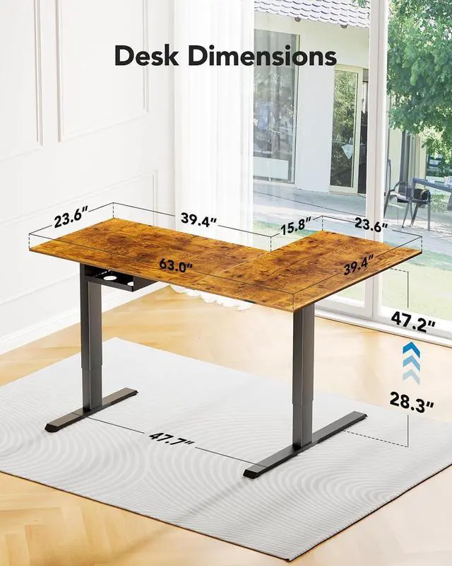 Alt view image 3 of 7 - Dual Motor 63x40 inch L Shaped Electric Standing Desk with 3 Preset Heights, Electric Height Adjustable Computer Table, 2 Hooks & Cable Tray, Raising Desk for Home Office, Vintage Brown