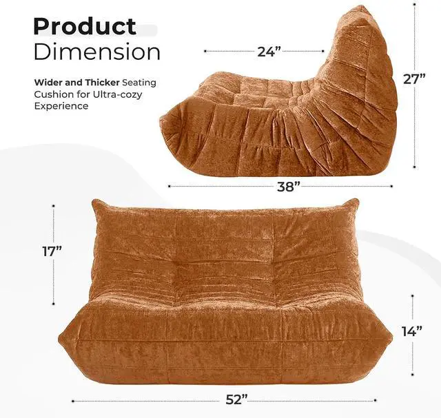 Alt view image 2 of 7 - Bean Bag Chair, Giant Bean Bag Chairs for Adults, Loveseat Fireside Chair, 2 Seater Lazy Bean Bag Sofa Memory Foam Couch for Living Room, Bedroom, Office (Brown)