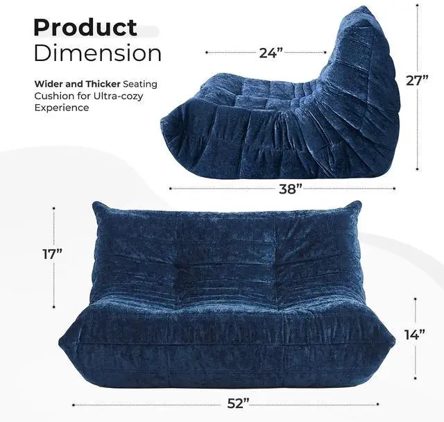 Alt view image 2 of 7 - Bean Bag Chair, Giant Bean Bag Chairs for Adults, Loveseat Fireside Chair, 2 Seater Lazy Bean Bag Sofa Memory Foam Couch for Living Room, Bedroom, Office (Navy Blue)