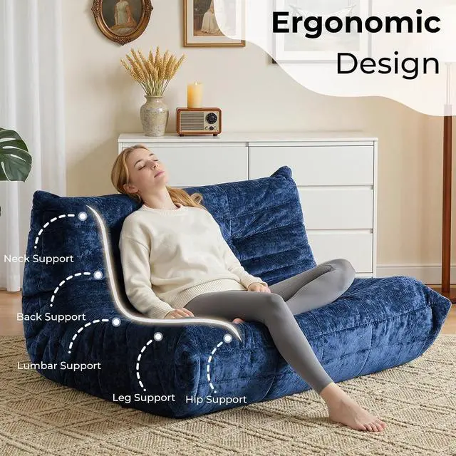 Alt view image 4 of 7 - Bean Bag Chair, Giant Bean Bag Chairs for Adults, Loveseat Fireside Chair, 2 Seater Lazy Bean Bag Sofa Memory Foam Couch for Living Room, Bedroom, Office (Navy Blue)