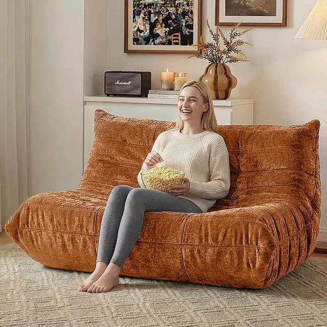 Alt view image 7 of 7 - Bean Bag Chair, Giant Bean Bag Chairs for Adults, Loveseat Fireside Chair, 2 Seater Lazy Bean Bag Sofa Memory Foam Couch for Living Room, Bedroom, Office (Brown)