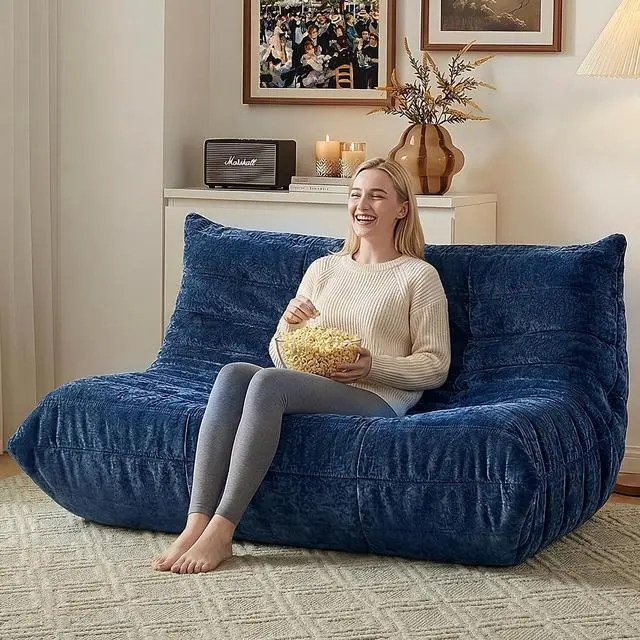Alt view image 7 of 7 - Bean Bag Chair, Giant Bean Bag Chairs for Adults, Loveseat Fireside Chair, 2 Seater Lazy Bean Bag Sofa Memory Foam Couch for Living Room, Bedroom, Office (Navy Blue)