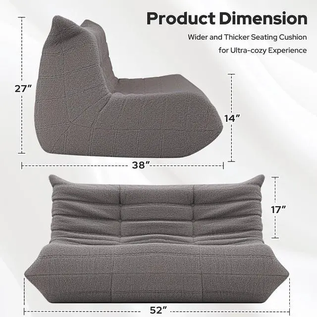Alt view image 2 of 7 - Bean Bag Chairs Fireside Lazy Floor Sofa, Soft Teddy Fleece 2 Seater Sofa with High-Resilience Foam FillingBeanbag for Living Room, Bedroom, Office (Dark Grey Teddy)