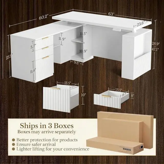 Alt view image 2 of 7 - 63 Inches L Shaped Standing Desk, Executive Standing Desk with Drawers and File Cabinet, AC/USB, 1.18" Desktop, Multi-Sized Storage Cubby, Privacy Panel, Fluted Computer Desk, White