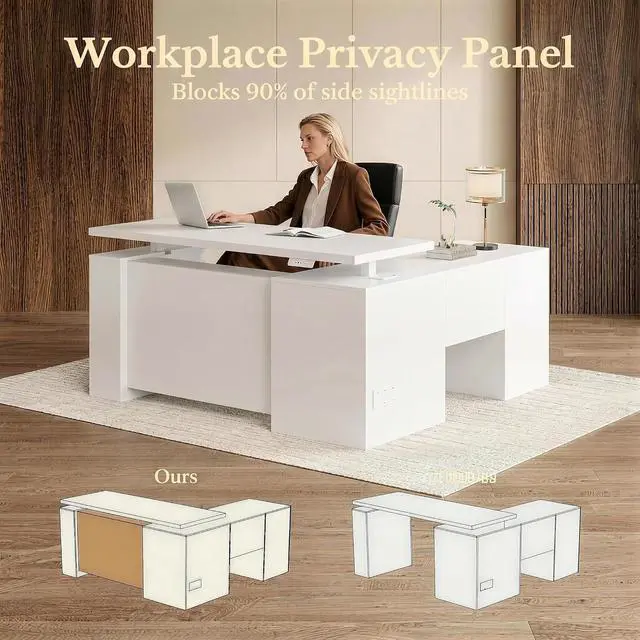 Alt view image 3 of 7 - 63 Inches L Shaped Standing Desk, Executive Standing Desk with Drawers and File Cabinet, AC/USB, 1.18" Desktop, Multi-Sized Storage Cubby, Privacy Panel, Fluted Computer Desk, White