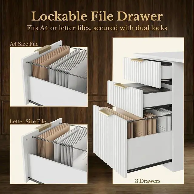 Alt view image 5 of 7 - 63 Inches L Shaped Standing Desk, Executive Standing Desk with Drawers and File Cabinet, AC/USB, 1.18" Desktop, Multi-Sized Storage Cubby, Privacy Panel, Fluted Computer Desk, White