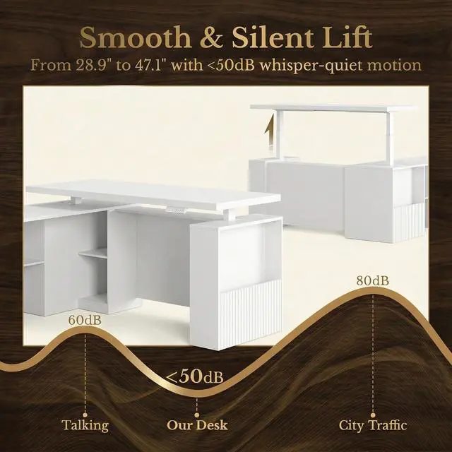 Alt view image 4 of 7 - 63 Inches L Shaped Standing Desk, Executive Standing Desk with Drawers and File Cabinet, AC/USB, 1.18" Desktop, Multi-Sized Storage Cubby, Privacy Panel, Fluted Computer Desk, White
