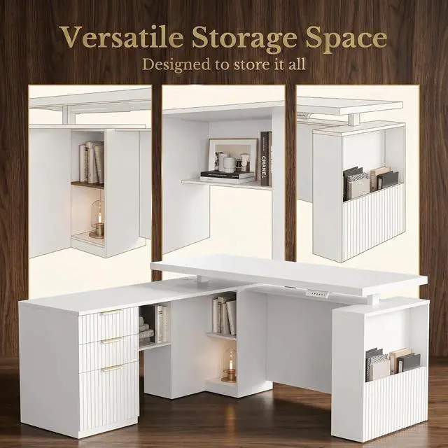 Alt view image 7 of 7 - 63 Inches L Shaped Standing Desk, Executive Standing Desk with Drawers and File Cabinet, AC/USB, 1.18" Desktop, Multi-Sized Storage Cubby, Privacy Panel, Fluted Computer Desk, White