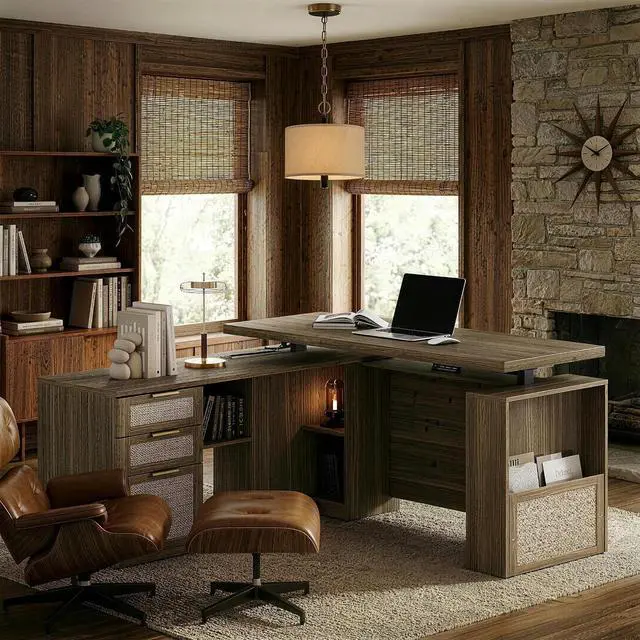 Main image of 63 Inches L Shaped Electric Standing Desk, Executive Height Adjustable Desk with Drawers and File Cabinet, AC/USB, 1.18" Desktop and Privacy Panel for Home Office, Natural Oak