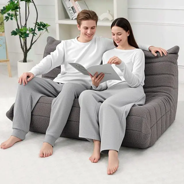Alt view image 4 of 7 - Bean Bag Chairs Fireside Lazy Floor Sofa, Soft Teddy Fleece 2 Seater Sofa with High-Resilience Foam FillingBeanbag for Living Room, Bedroom, Office (Dark Grey Teddy)