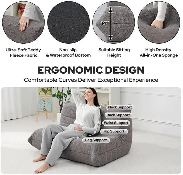 Alt view image 3 of 7 - Bean Bag Chairs Fireside Lazy Floor Sofa, Soft Teddy Fleece 2 Seater Sofa with High-Resilience Foam FillingBeanbag for Living Room, Bedroom, Office (Dark Grey Teddy)