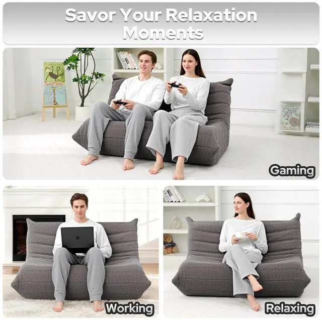 Alt view image 5 of 7 - Bean Bag Chairs Fireside Lazy Floor Sofa, Soft Teddy Fleece 2 Seater Sofa with High-Resilience Foam FillingBeanbag for Living Room, Bedroom, Office (Dark Grey Teddy)