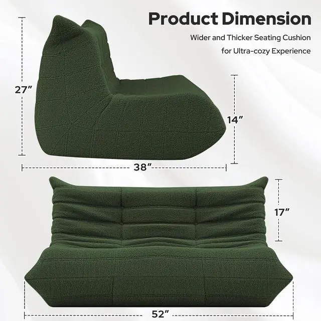 Alt view image 2 of 7 - Bean Bag Chairs Fireside Lazy Floor Sofa, Soft Teddy Fleece 2 Seater Sofa with High-Resilience Foam FillingBeanbag for Living Room, Bedroom, Office (Green Teddy)