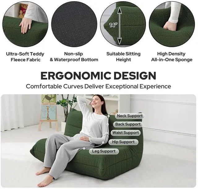 Alt view image 3 of 7 - Bean Bag Chairs Fireside Lazy Floor Sofa, Soft Teddy Fleece 2 Seater Sofa with High-Resilience Foam FillingBeanbag for Living Room, Bedroom, Office (Green Teddy)