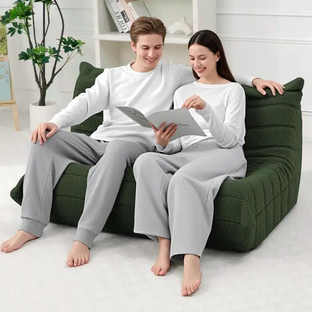 Alt view image 4 of 7 - Bean Bag Chairs Fireside Lazy Floor Sofa, Soft Teddy Fleece 2 Seater Sofa with High-Resilience Foam FillingBeanbag for Living Room, Bedroom, Office (Green Teddy)