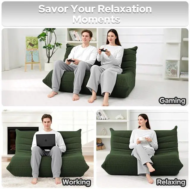 Alt view image 5 of 7 - Bean Bag Chairs Fireside Lazy Floor Sofa, Soft Teddy Fleece 2 Seater Sofa with High-Resilience Foam FillingBeanbag for Living Room, Bedroom, Office (Green Teddy)