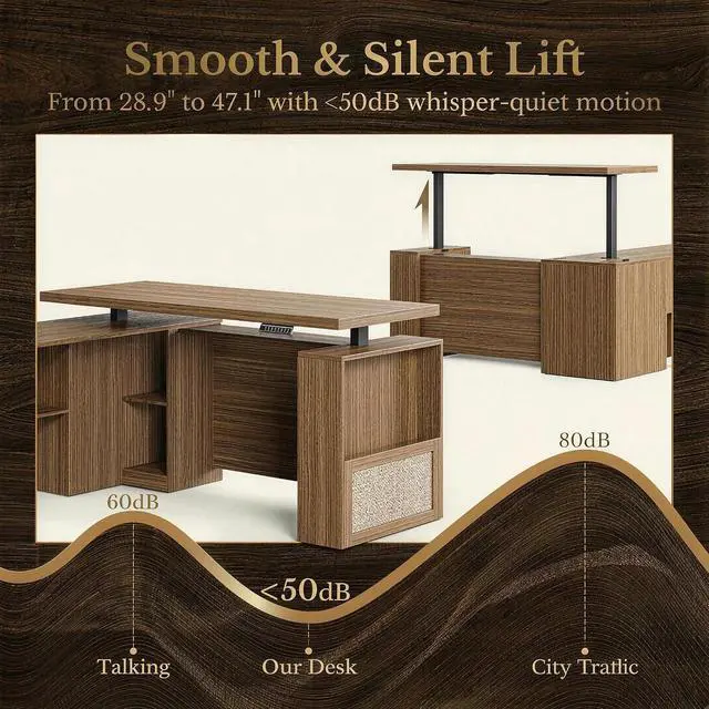 Alt view image 3 of 7 - 63 Inches L Shaped Electric Standing Desk, Executive Height Adjustable Desk with Drawers and File Cabinet, AC/USB, 1.18" Desktop and Privacy Panel for Home Office, Natural Oak