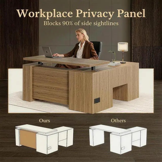 Alt view image 4 of 7 - 63 Inches L Shaped Electric Standing Desk, Executive Height Adjustable Desk with Drawers and File Cabinet, AC/USB, 1.18" Desktop and Privacy Panel for Home Office, Natural Oak