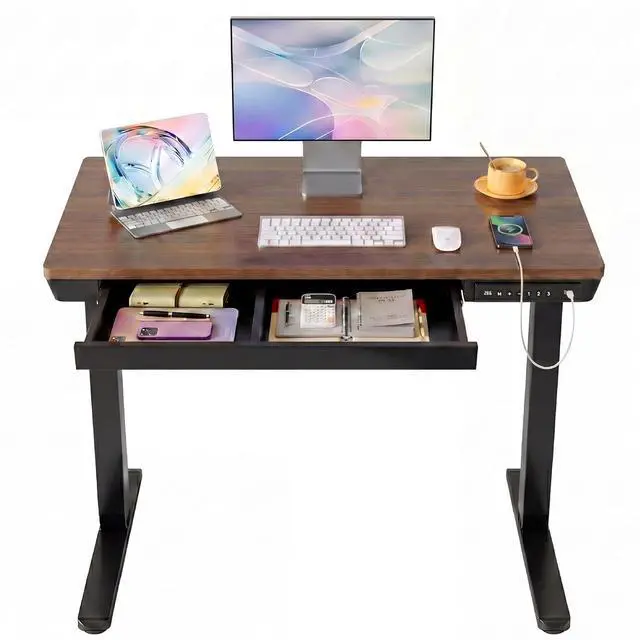 Main image of 40 X 24 Inch Standing Desk with Drawers, Electric Adjustable Height Desk, Quick Install One-Piece Tabletop with USB Charging Ports, Sit to Stand Up Desk for Home Office, Black Walnut