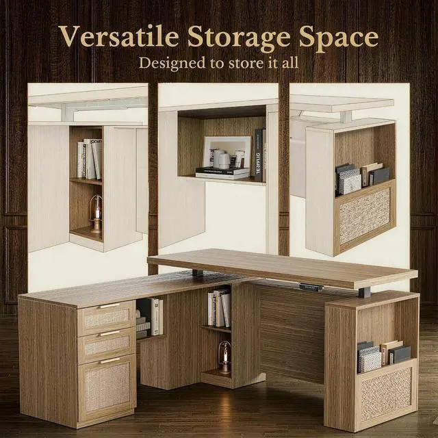Alt view image 5 of 7 - 63 Inches L Shaped Electric Standing Desk, Executive Height Adjustable Desk with Drawers and File Cabinet, AC/USB, 1.18" Desktop and Privacy Panel for Home Office, Natural Oak