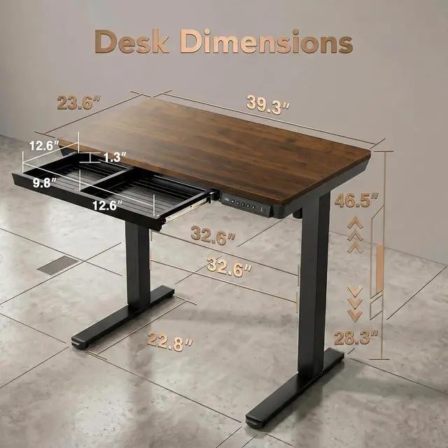 Alt view image 2 of 7 - 40 X 24 Inch Standing Desk with Drawers, Electric Adjustable Height Desk, Quick Install One-Piece Tabletop with USB Charging Ports, Sit to Stand Up Desk for Home Office, Black Walnut